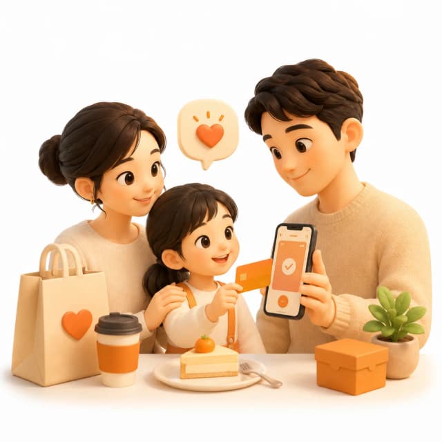 따뜻한 결제 경험을 나타내는 가족 일러스트